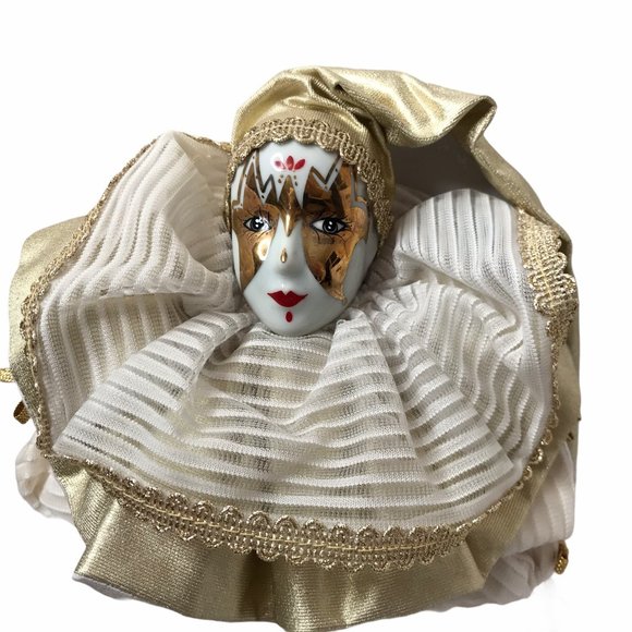 Porcelain Doll Clown Jester Royalty Gold White 16" - Picture 3 of 7